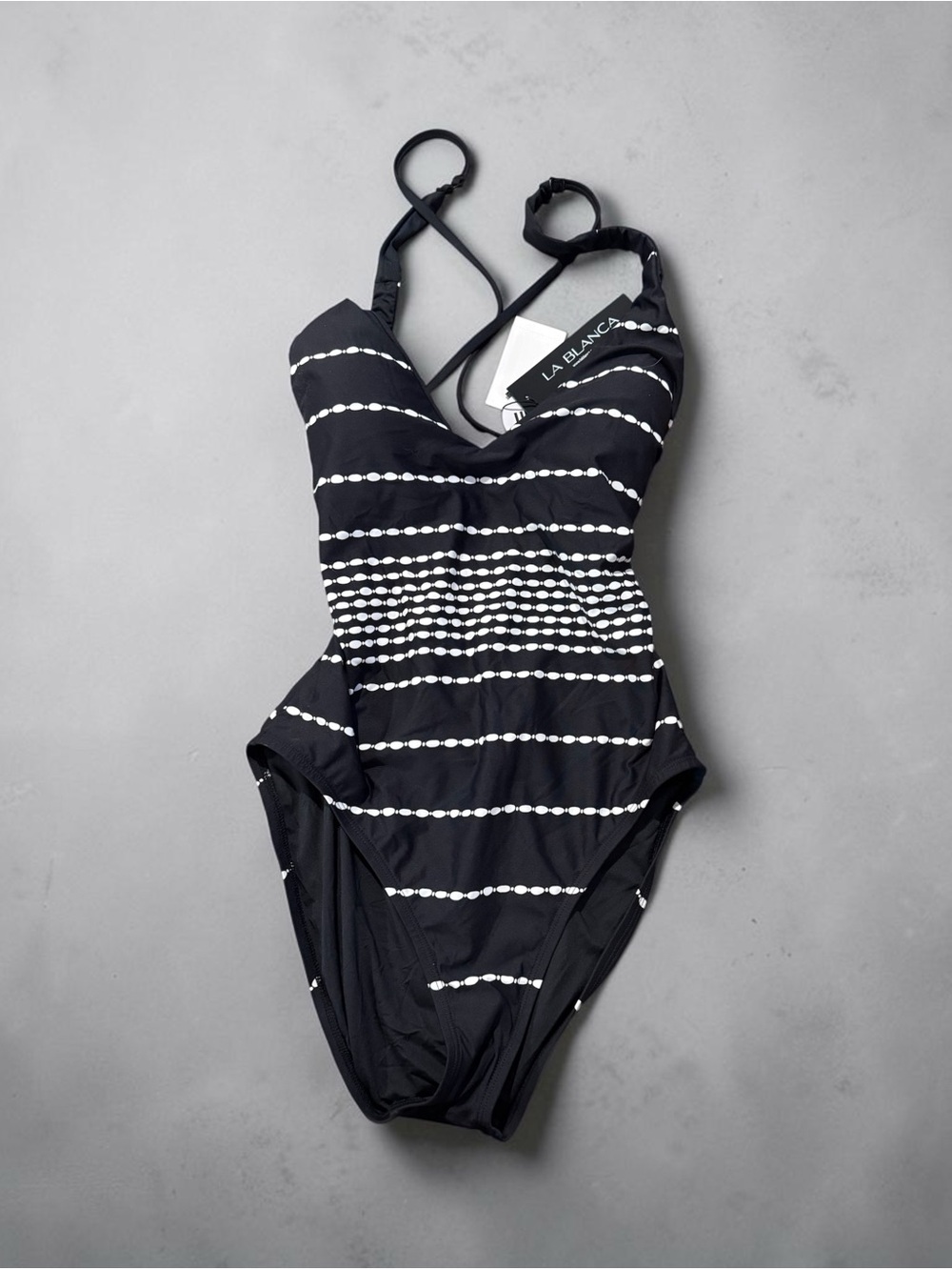 La Blanca Women’s Size 12 Black White 1 Piece Swimsuit Tummy Control Halter NWT